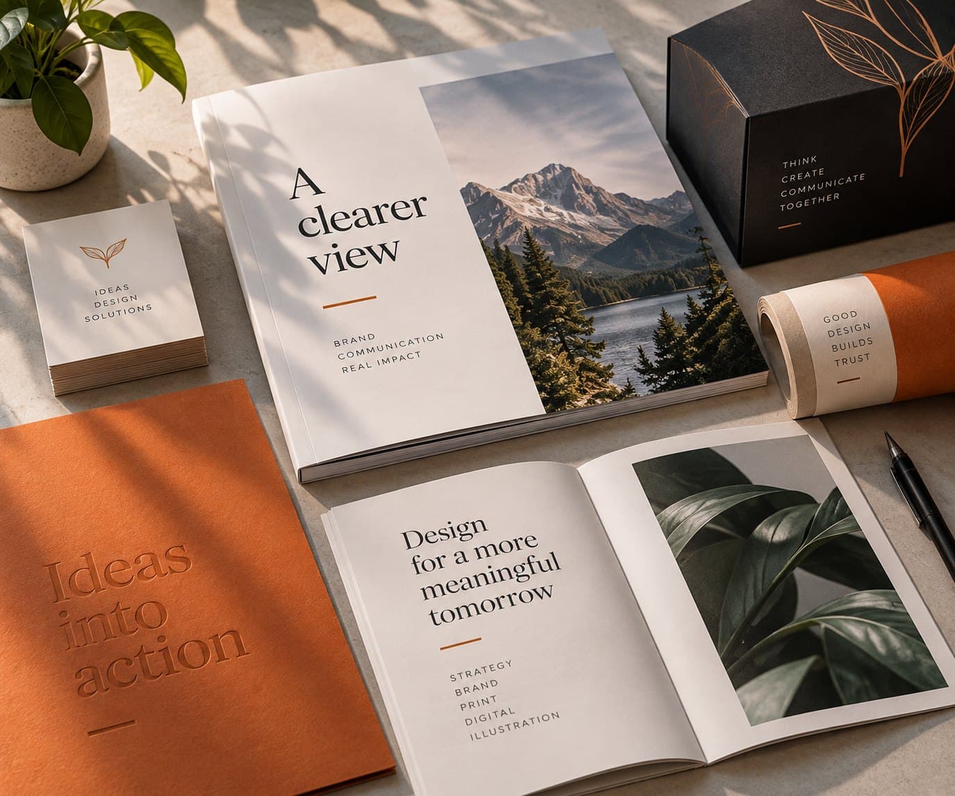 Flat lay of finished branding and print materials including a portfolio book, brochures and business cards