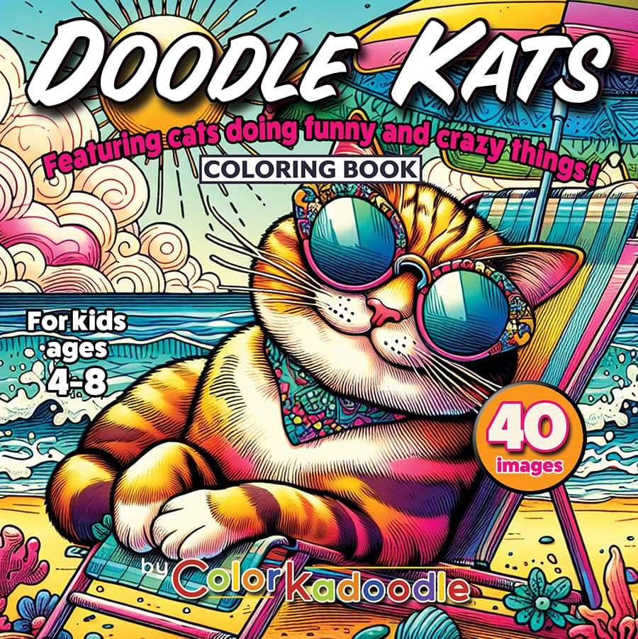 Doodle Kats coloring book cover featuring a playful cat wearing sunglasses on a vibrant beach scene