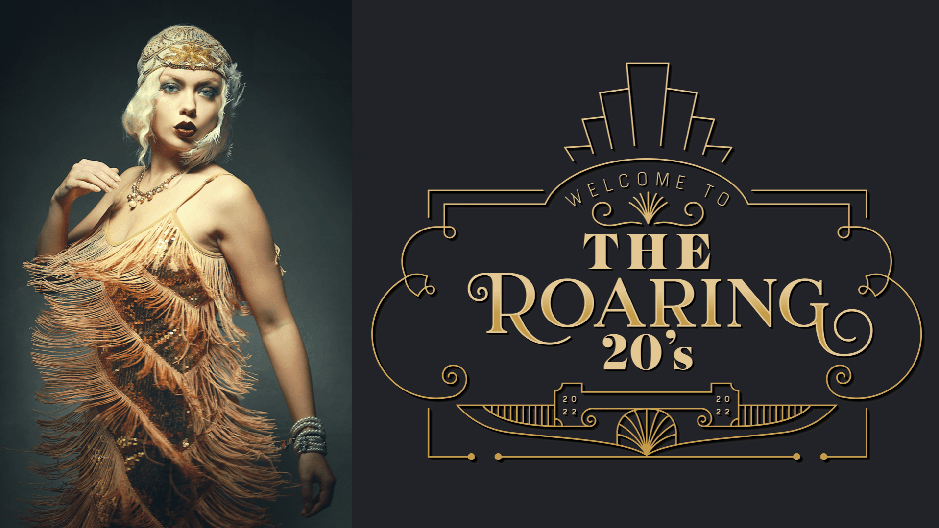 Roaring Twenties themed corporate presentation design with elegant gold art deco typography and 1920s flair